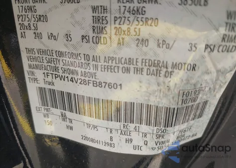 2008 Ford F-150 z USA, uszkodzony, nr VIN 1FTPW14V28FB87601